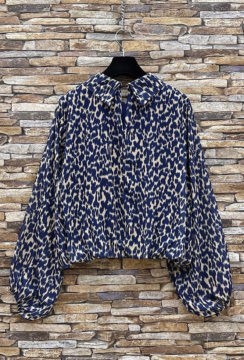 Chiffon Printed Bubble Hem Lined Blouse - Navy Leopard Print