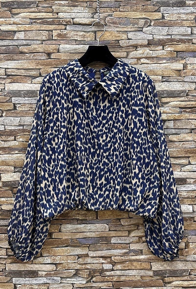Chiffon Printed Bubble Hem Lined Blouse - Navy Leopard Print