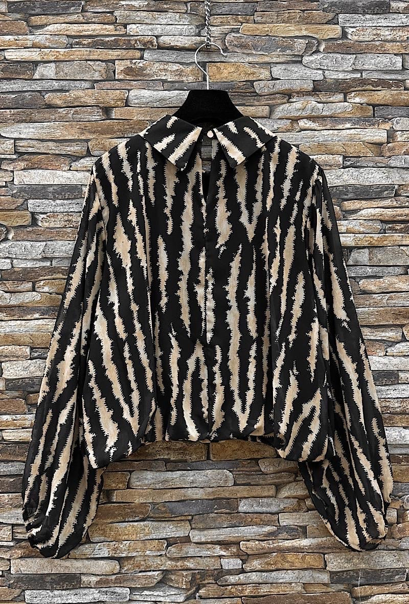 Chiffon Printed Bubble Hem Lined Blouse - Black
