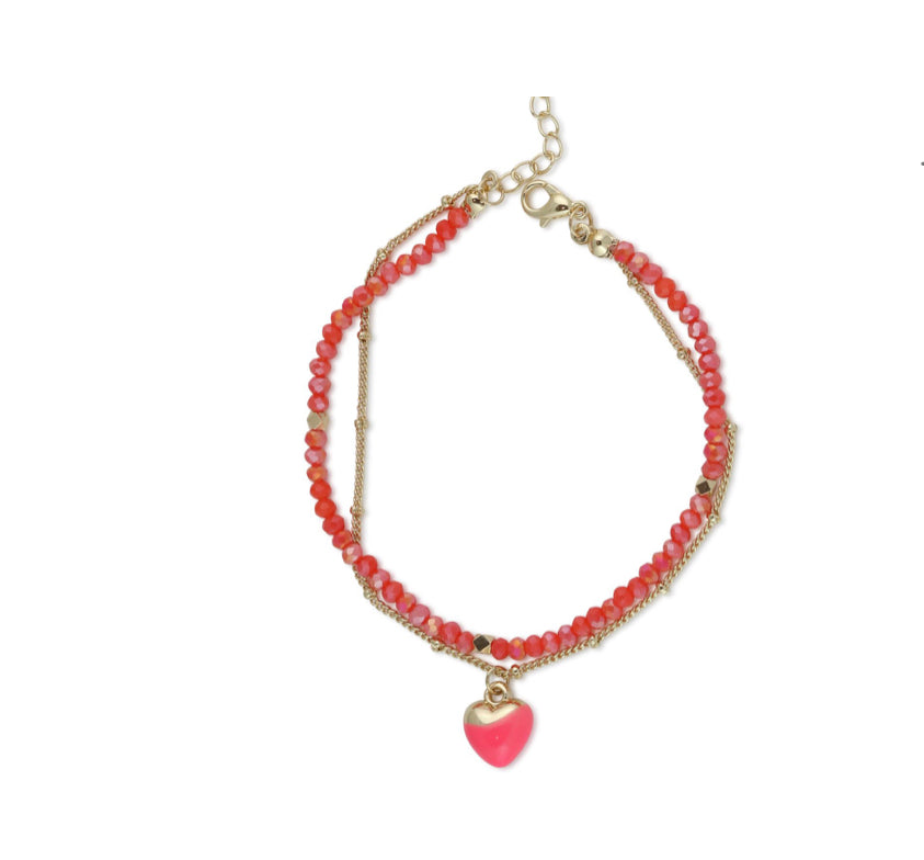 Heart Charm Layered Beaded Bracelet