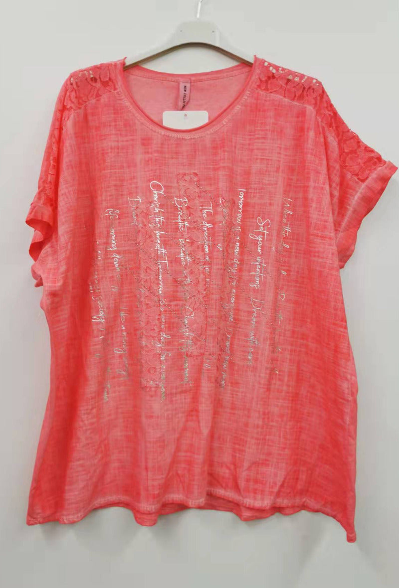 Made in Italy Top with lace shoulder detail and silver script