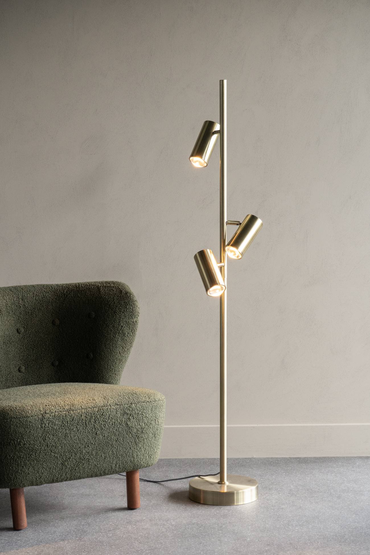 Brushed Brass Triple Spotlight Floor Lamp G9 20W