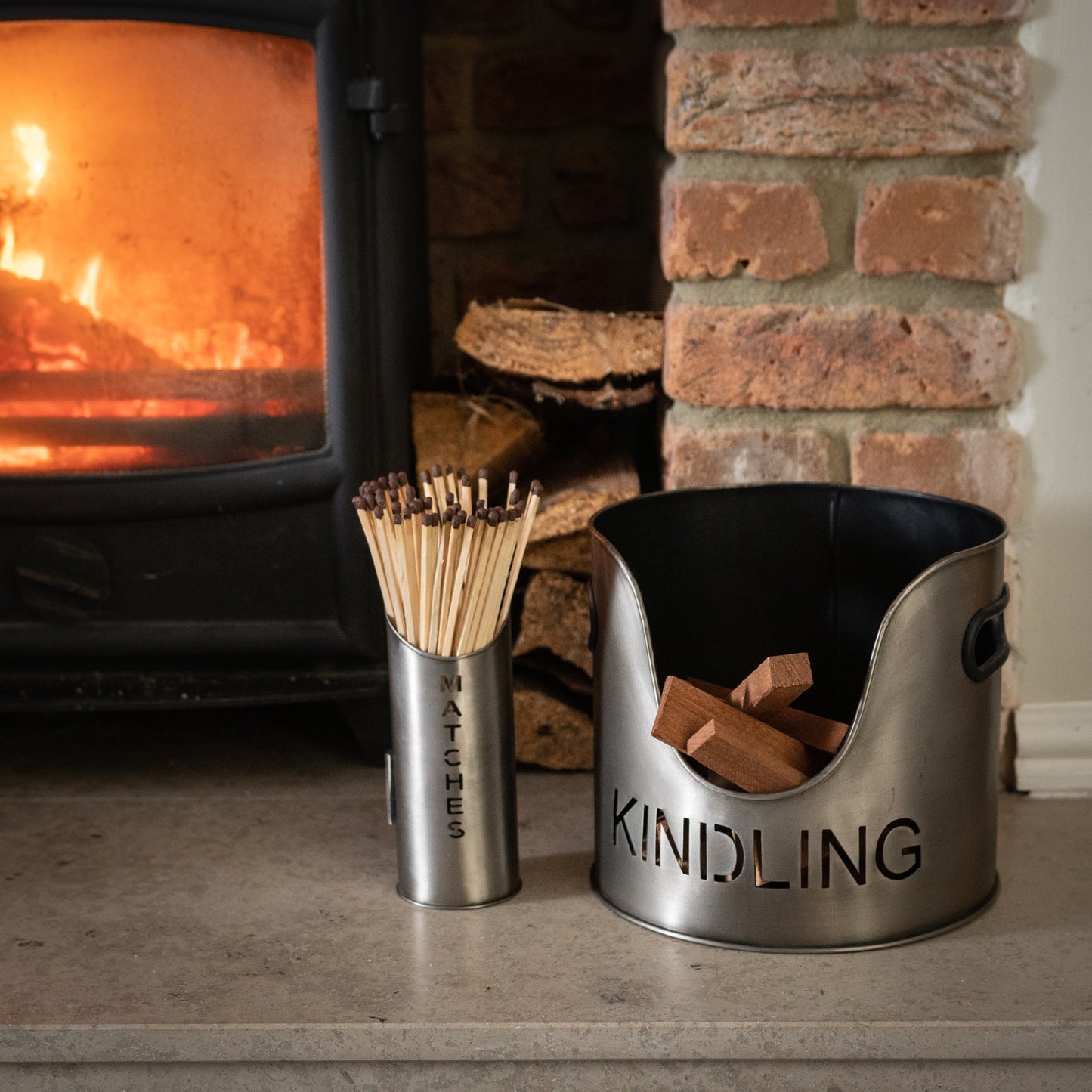 Pewter Finish Logs And Kindling Bucket & Matchstick Holder