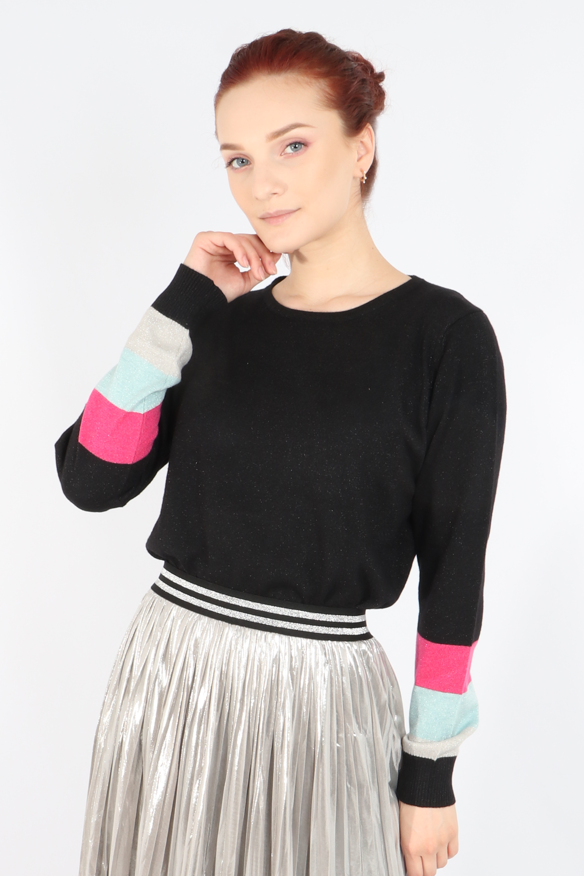 Black Rainbow Cuff Lurex Knitted Jumper: Medium (12-14)