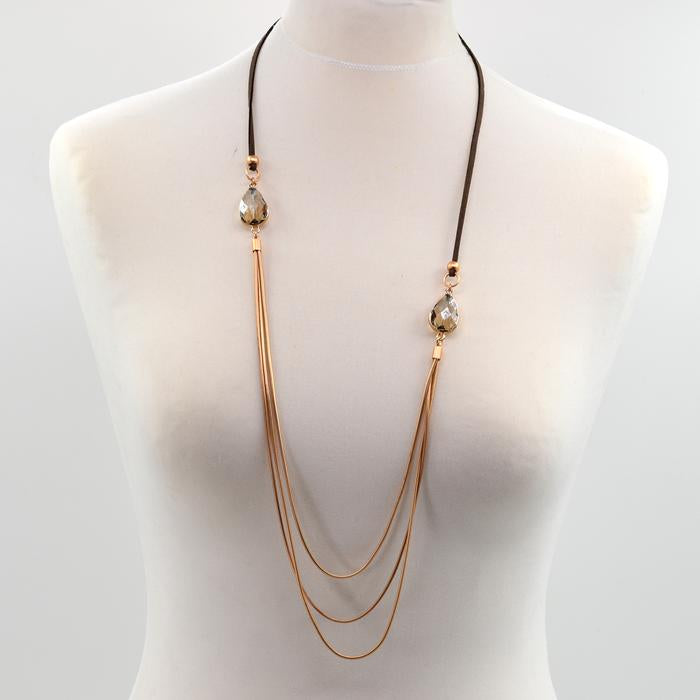 Multi strand long necklace with oval crystal