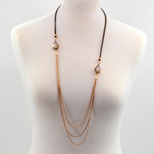 Multi strand long necklace with oval crystal