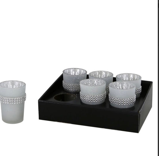 Set of 6 Medium Frosted Silver Glitz Tea-light Holders