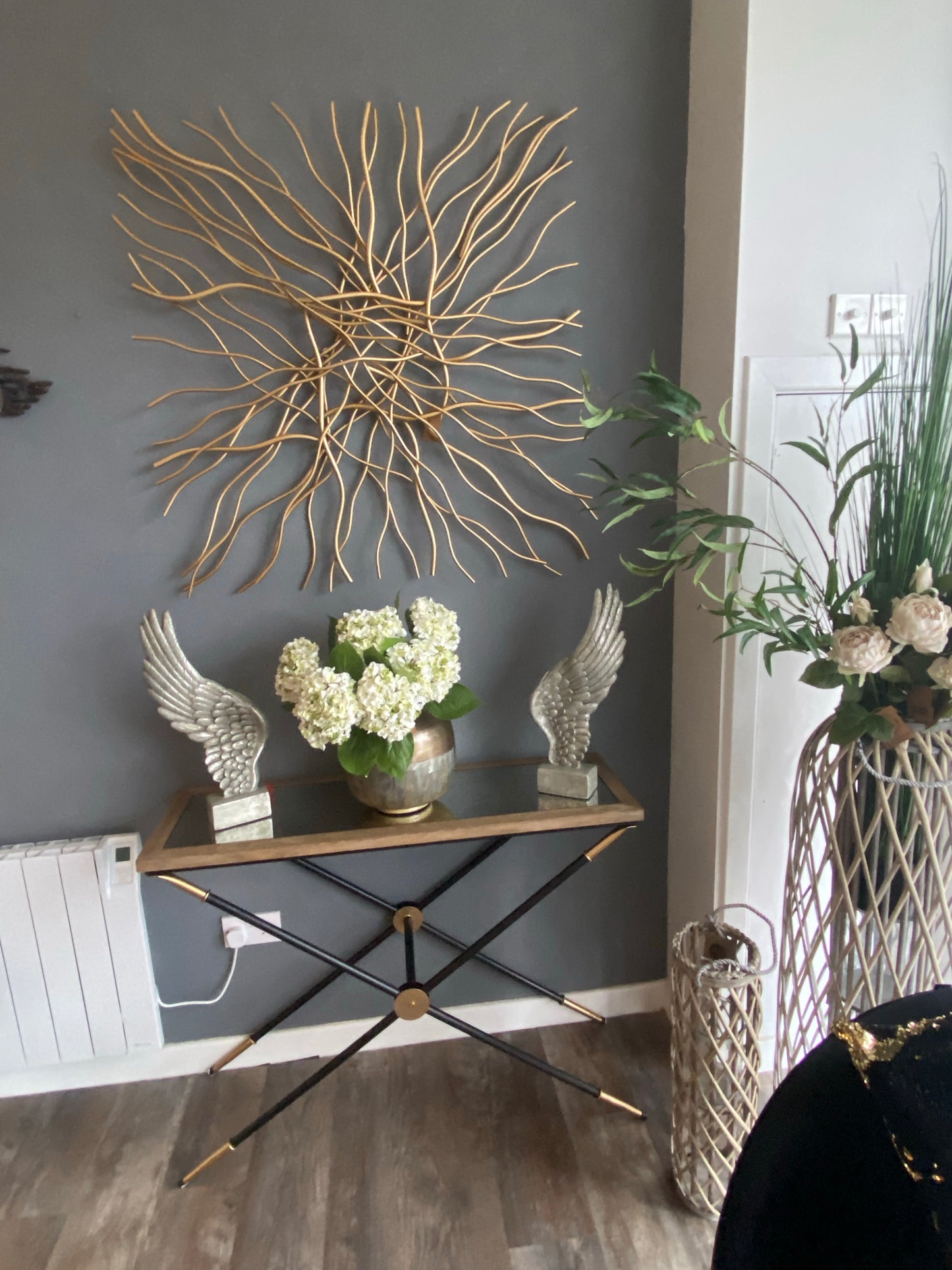Wood and Mirrored Marble effect Glass Console Table with black/ gold accents