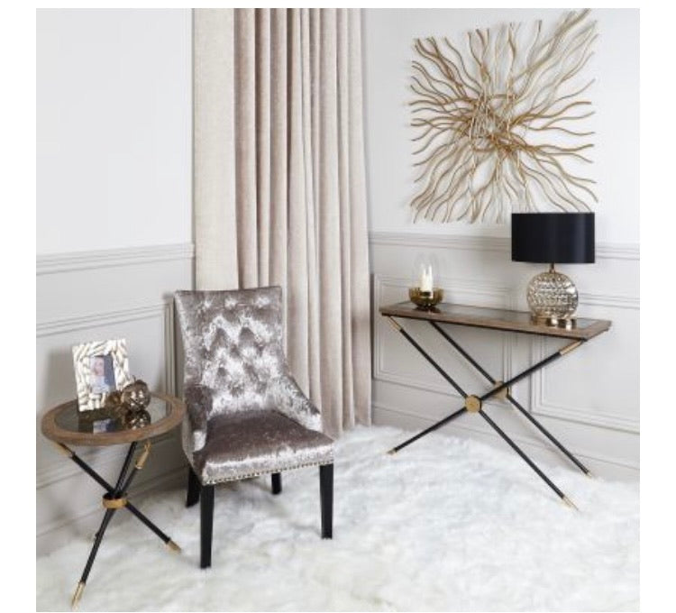 Wood and Mirrored Marble effect Glass Console Table with black/ gold accents
