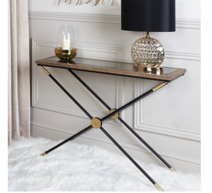 Wood and Mirrored Marble effect Glass Console Table with black/ gold accents