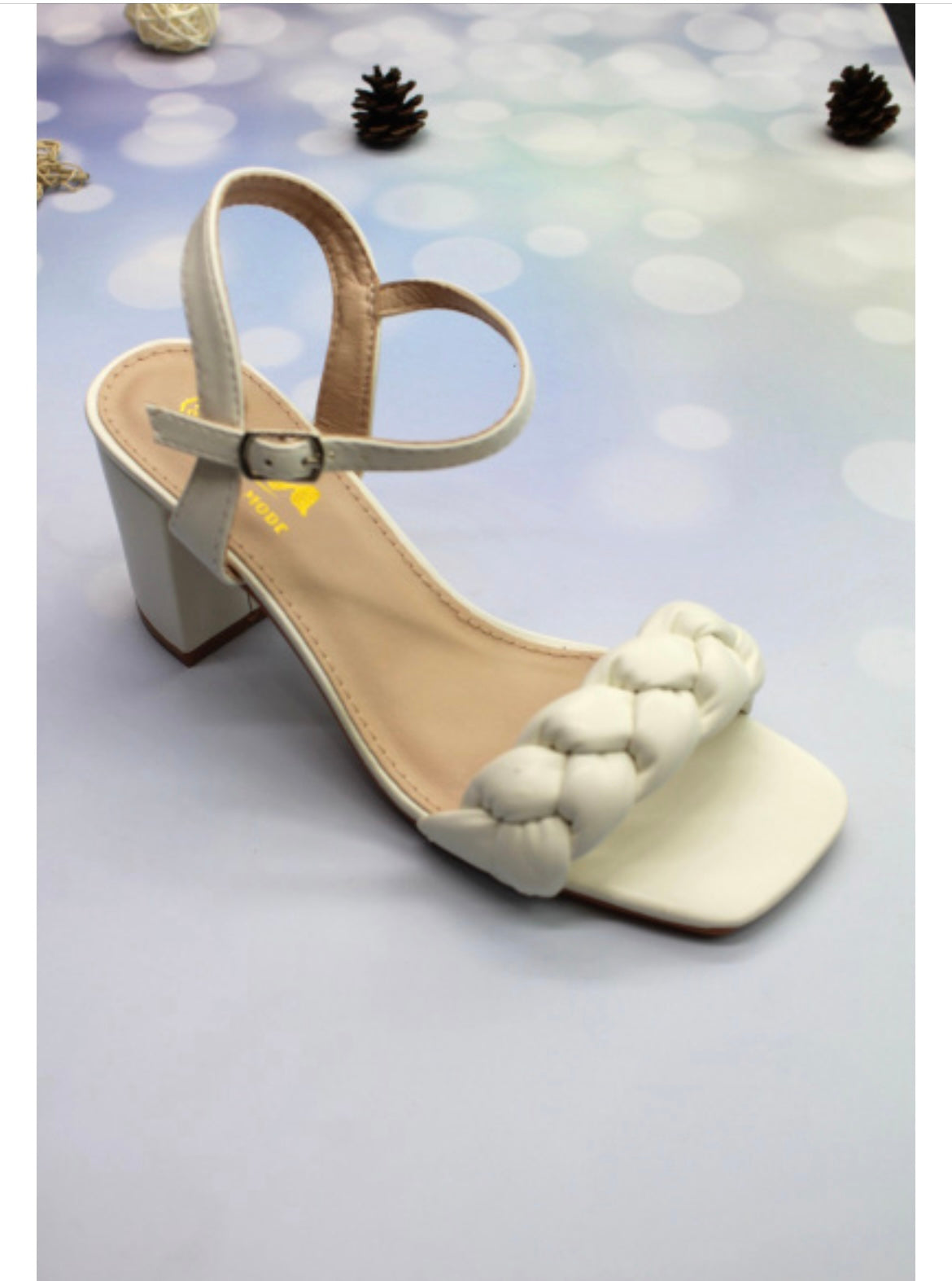 White Braid Block Heel Sandsld