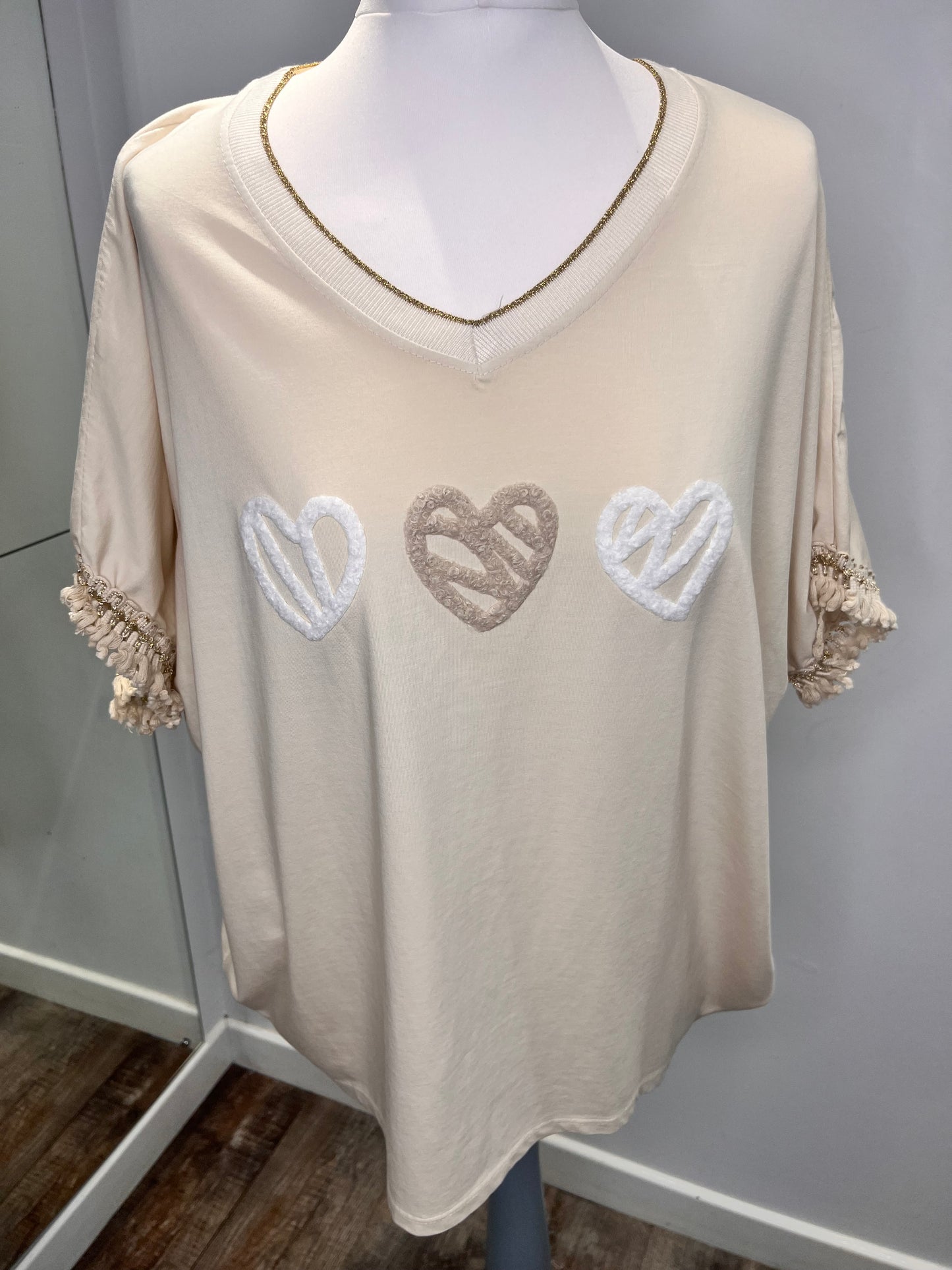 Soft V Neck Heart Appliqué T-Shirt with Tassel Detail Sleeve - 3 colours