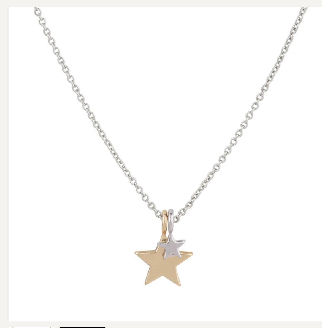 Short Double Star Charm Necklace - Rhodium Silver & Gold