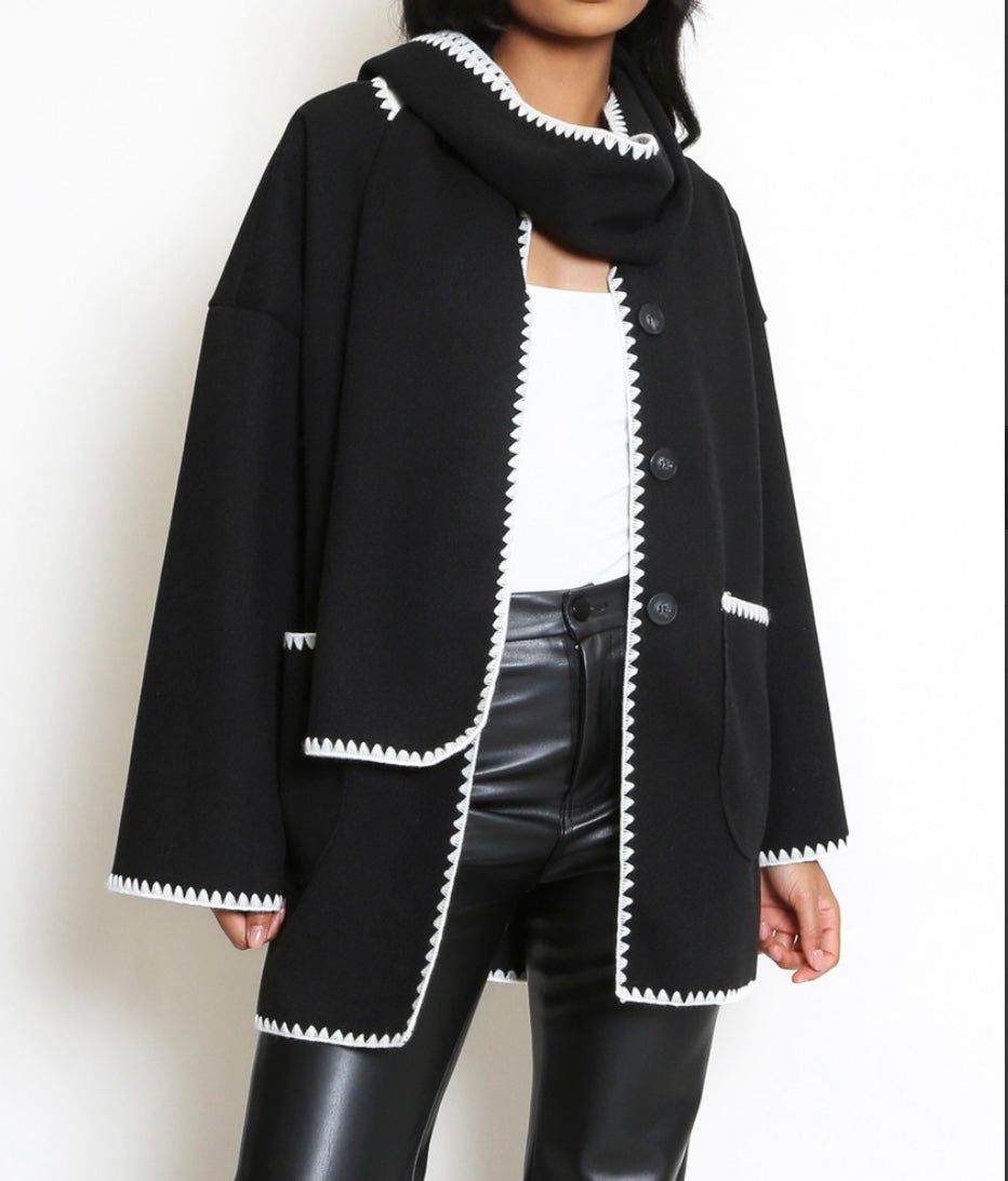 Contrast edge Jacket with matching scarf Detail - Black