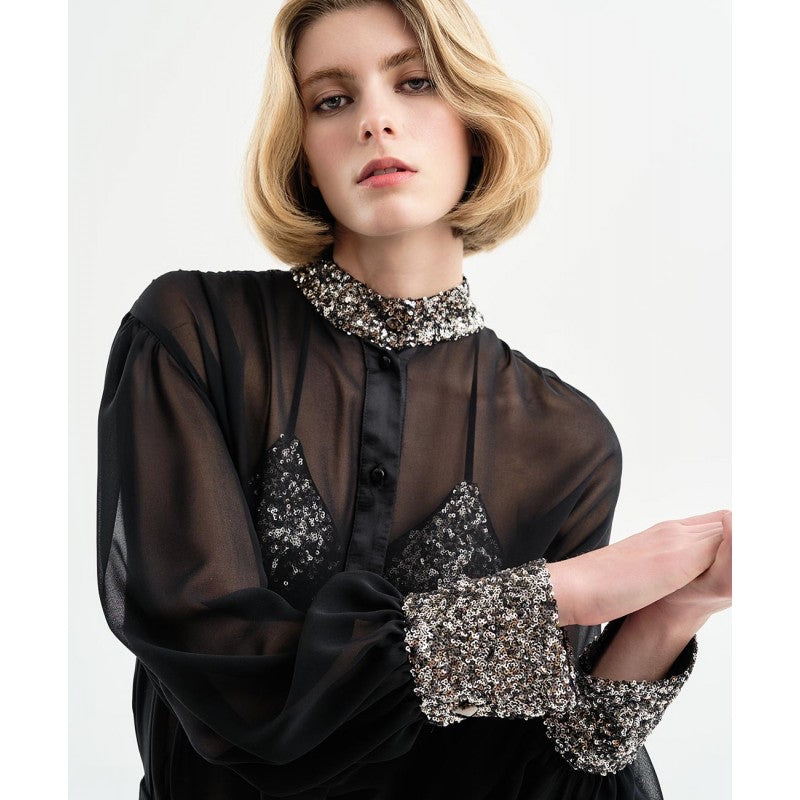 Access Fashion Sheer Blouse with Sequin Collar & Cuff