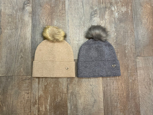 Detachable Faux Fur Pom Pom Hat with Silver Heart