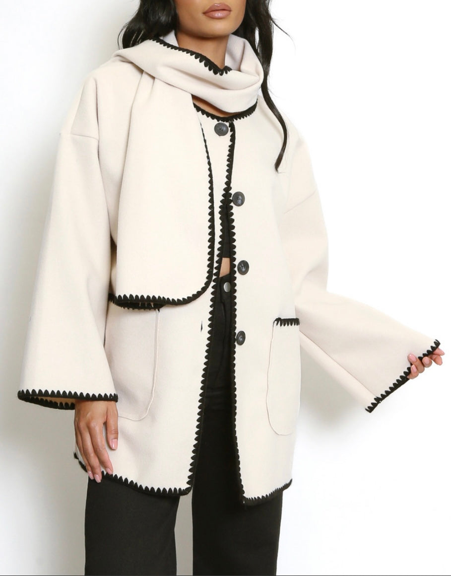 Contrast Edge Jacket with Matching Scarf - Cream