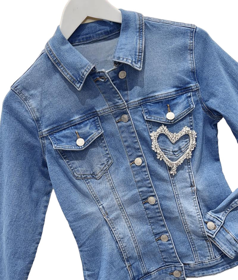 Stretch Denim Jacket with Diamanté Heart Appliqué