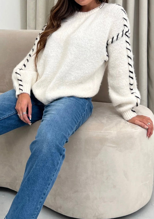 Contrast Stitch Detail Jumper - Cream