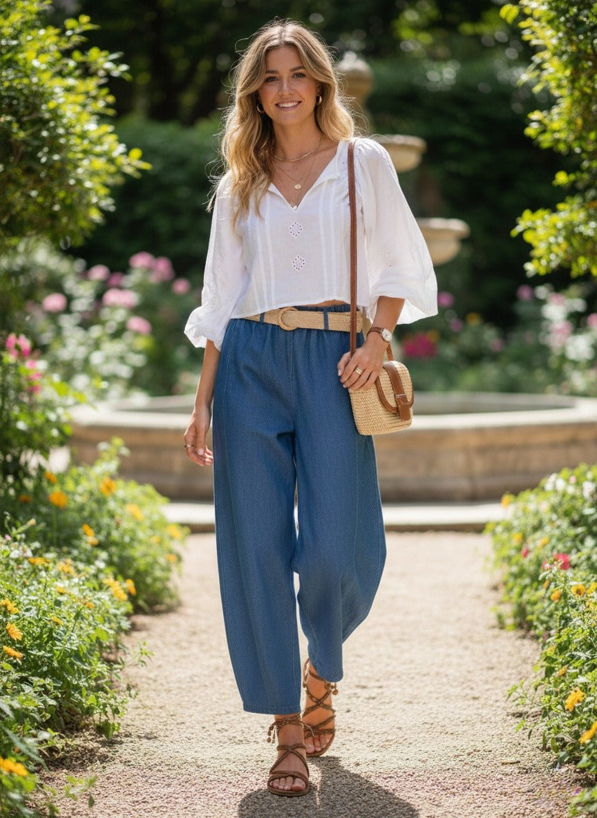 Rhea Barrel Leg Soft Chambray Denim Pants