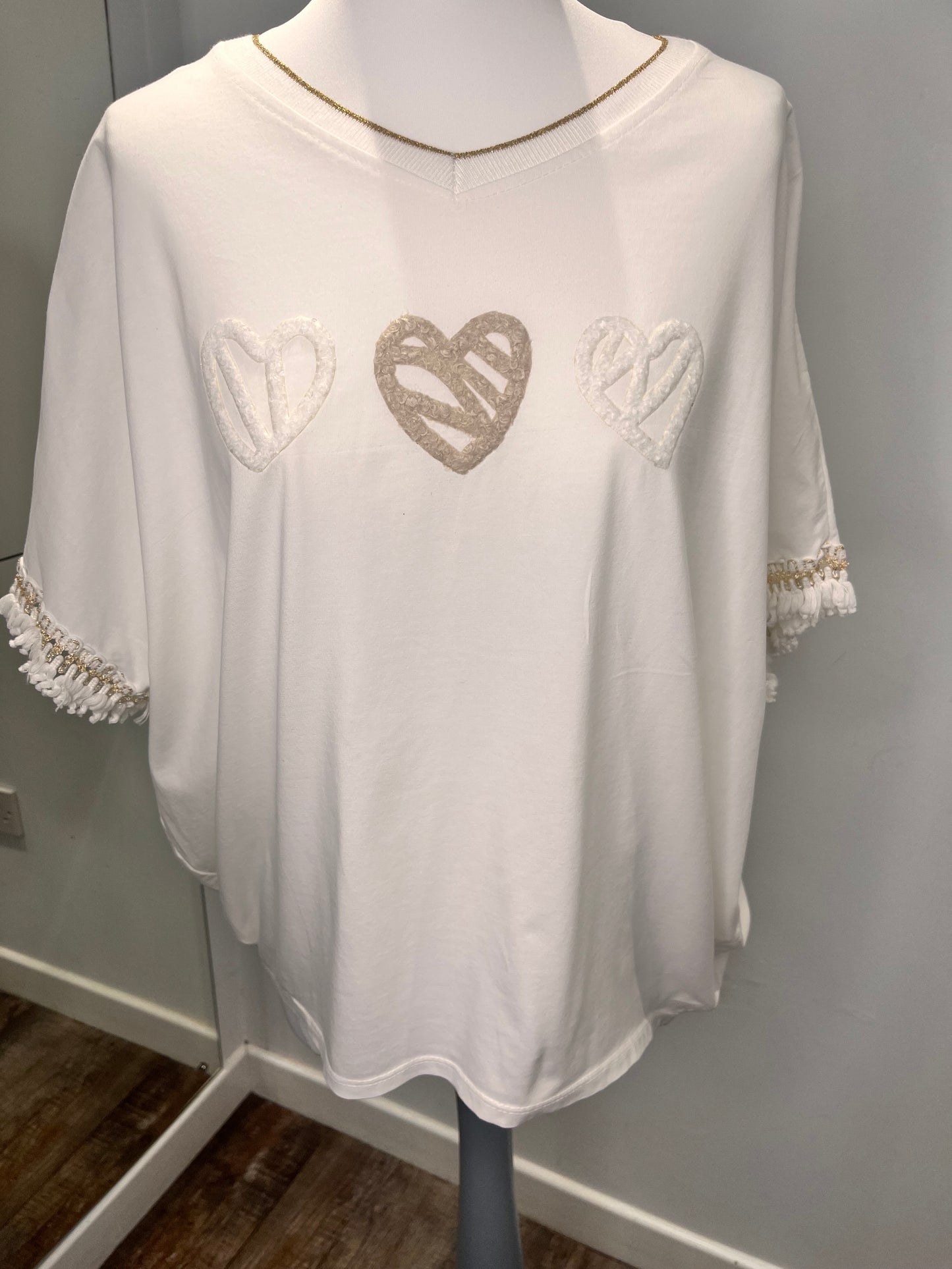 Soft V Neck Heart Appliqué T-Shirt with Tassel Detail Sleeve - 3 colours