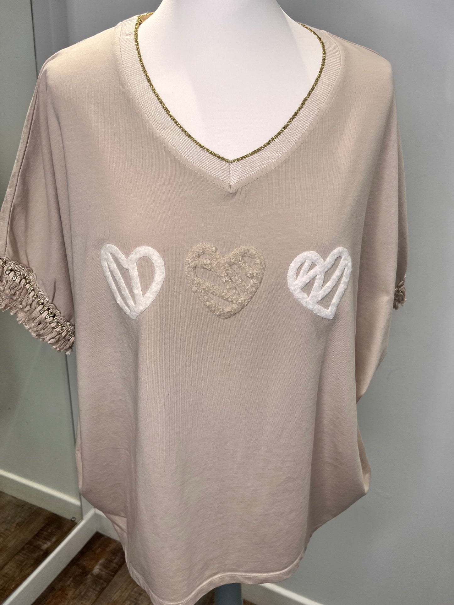 Soft V Neck Heart Appliqué T-Shirt with Tassel Detail Sleeve - 3 colours