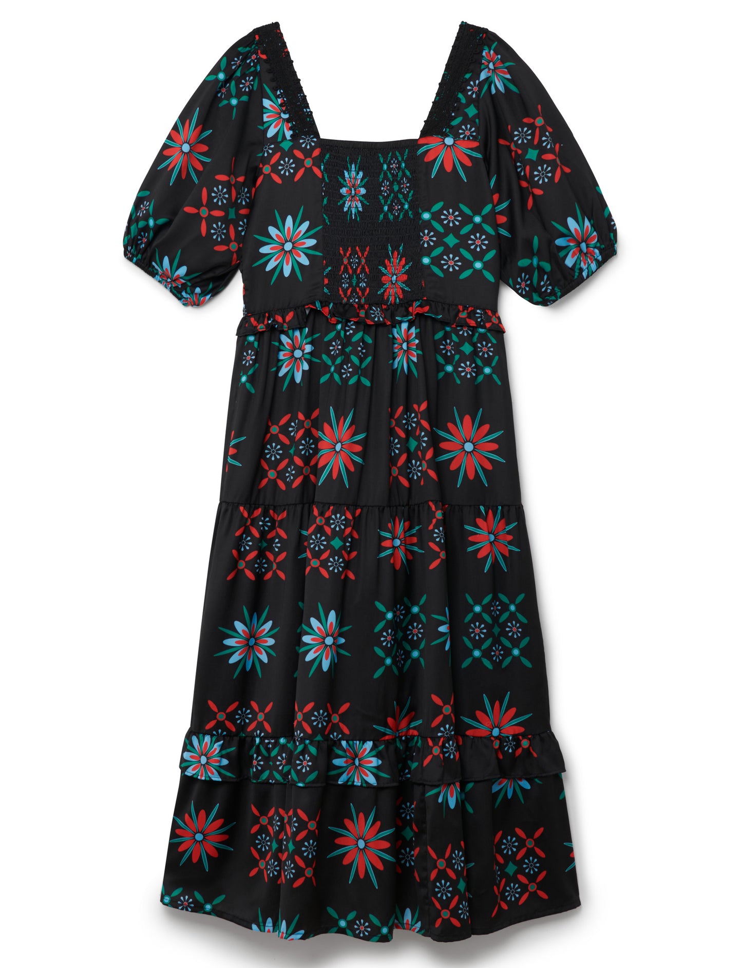 Milkmaid Midi Dress With Lace Trim Detail In Black Geo Print