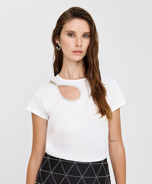 Access Fashion Cut Out Rhinestone T-Shirt - White