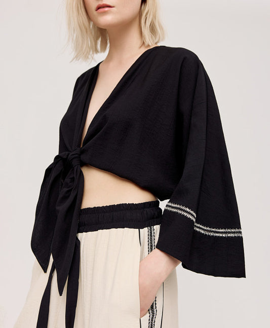 Access Fashion Cropped Tie Blouse with Bell Sleeves