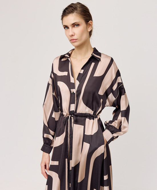 Access Fashion Satin Long Printed Shirt Dress with Sequin Sleeve Detail