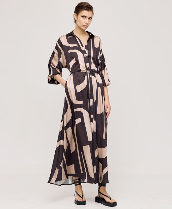 Access Fashion Satin Long Printed Shirt Dress with Sequin Sleeve Detail