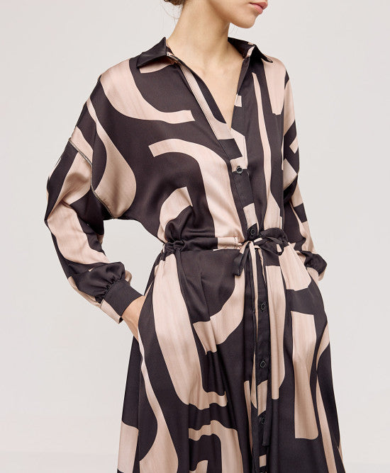 Access Fashion Satin Long Printed Shirt Dress with Sequin Sleeve Detail