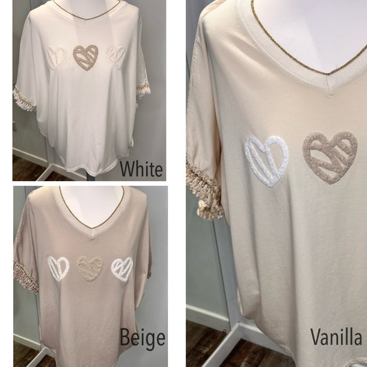Soft V Neck Heart Appliqué T-Shirt with Tassel Detail Sleeve - 3 colours