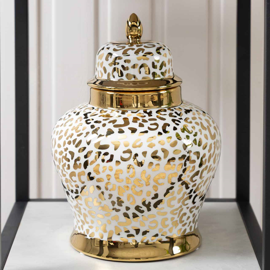 White & Gold Leopard Print Ginger Jar - 2 Sizes
