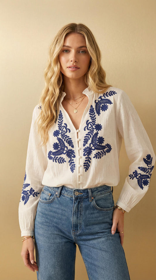 Avery White Soft Cotton Embroidered Blouse - Blue