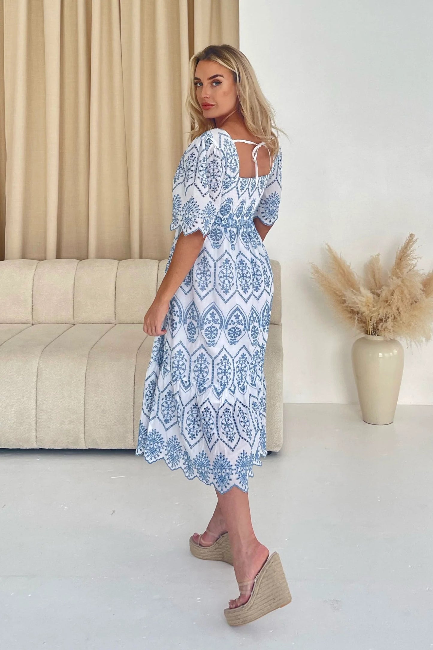 Aspen Two Tone Broidery Tiered Midaxi Dress Blue