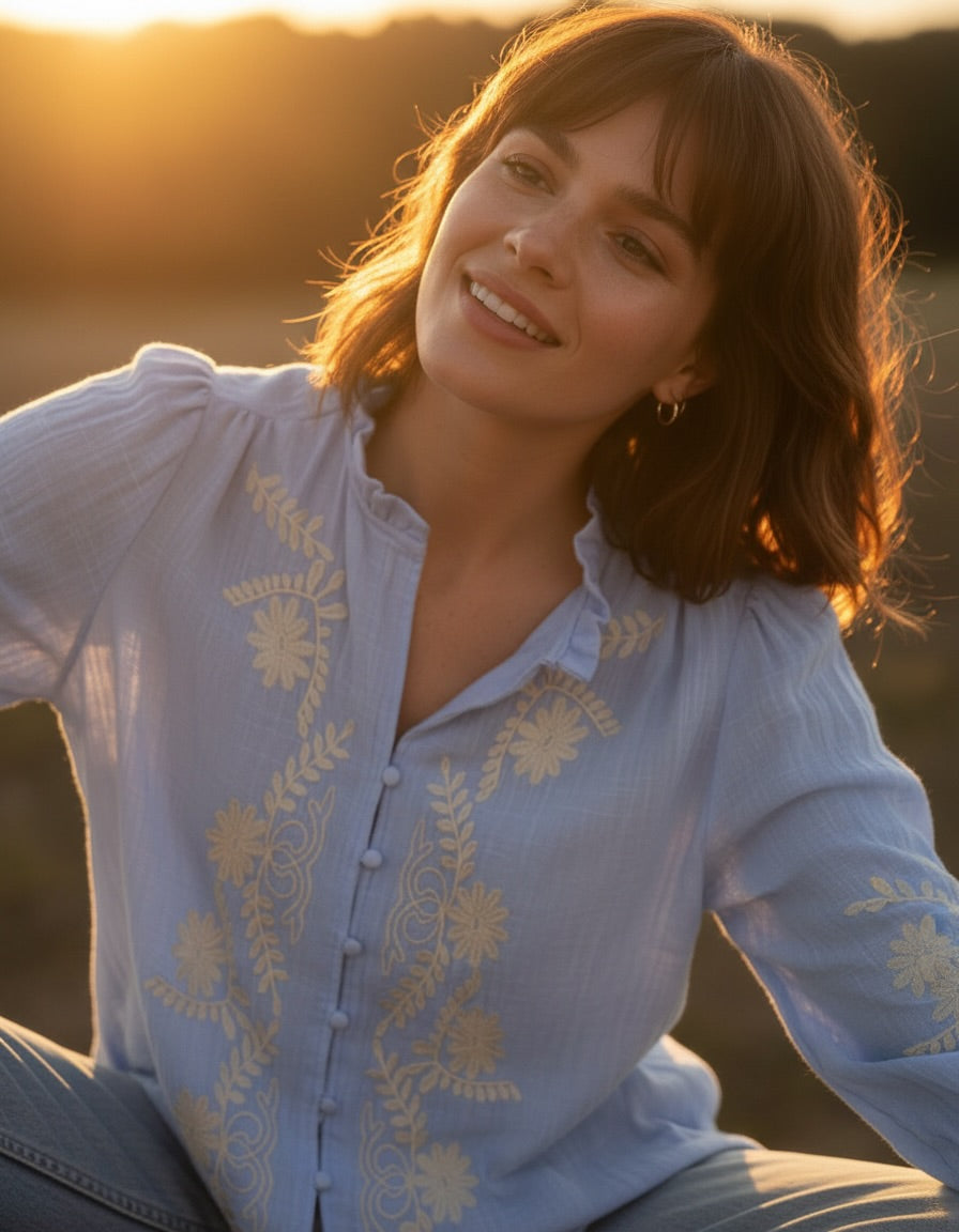 Aria Powder Blue Embroidered Blouse