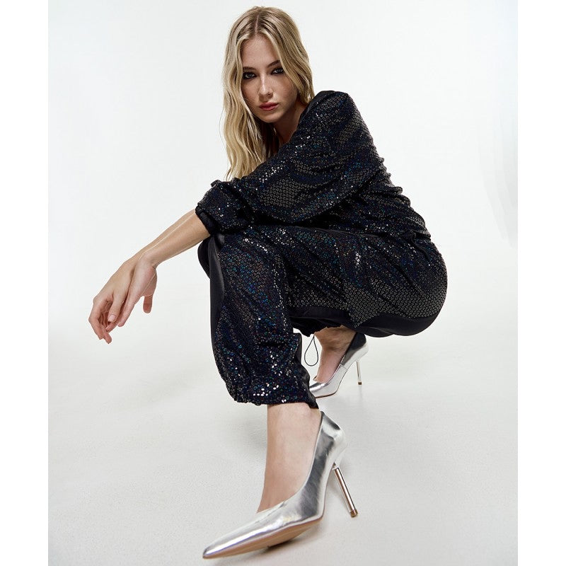 Access Fashion Black Satin and Sequin Cargo Pants