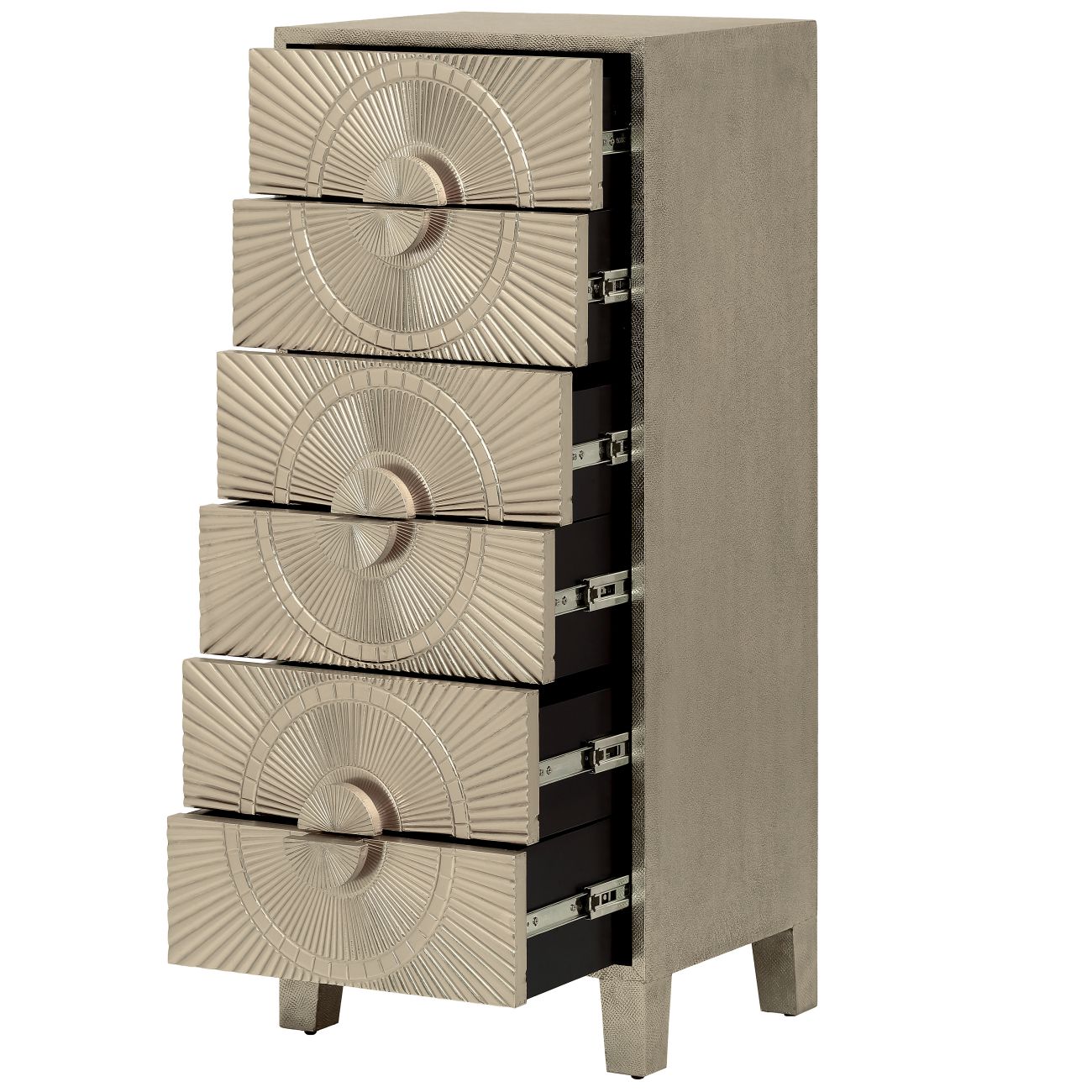 Calido Silver Embossed Metal Six Drawer Tall Boy