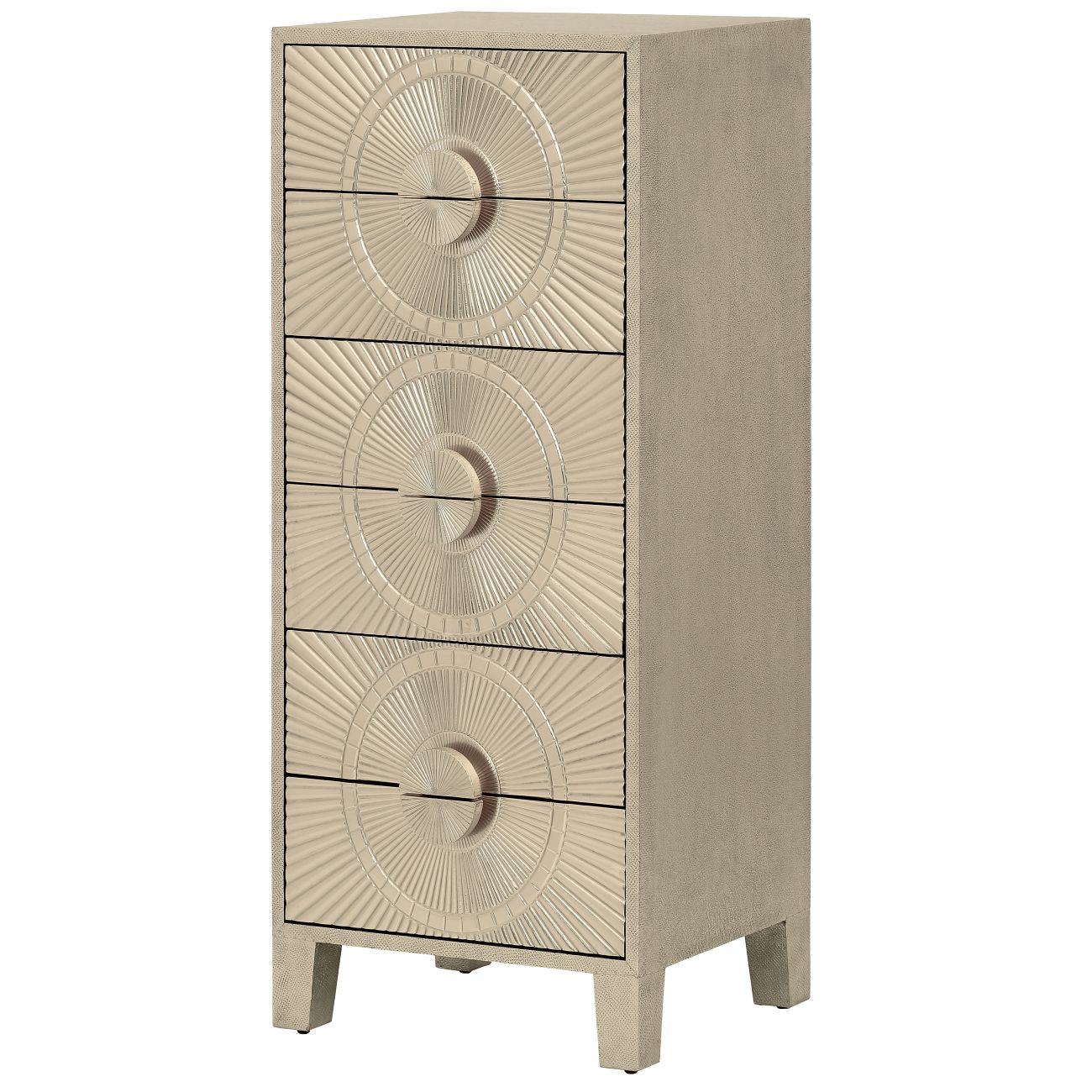 Calido Silver Embossed Metal Six Drawer Tall Boy