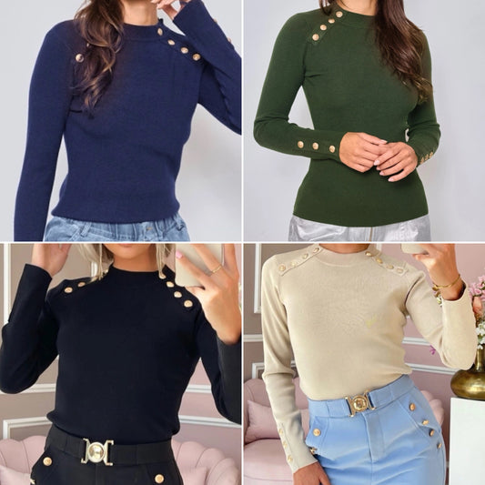 Gold Button Cashmere Blend Turtleneck Sweater