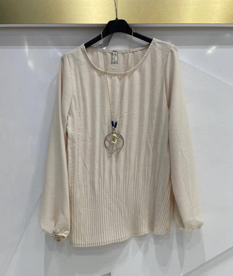 Long Sleeve Pleated Top with Necklace