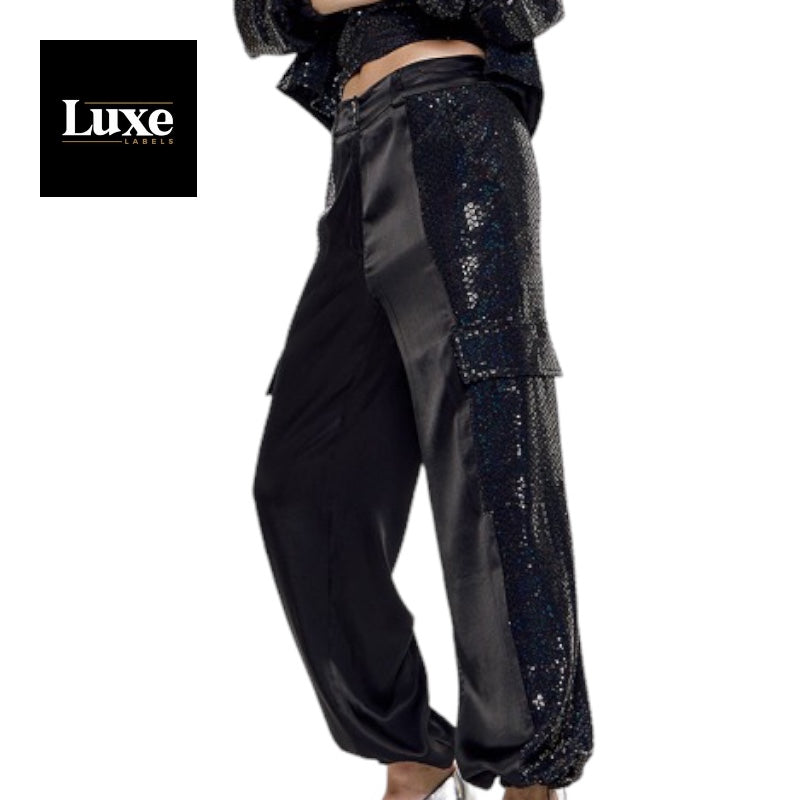 Access Fashion Black Satin and Sequin Cargo Pants