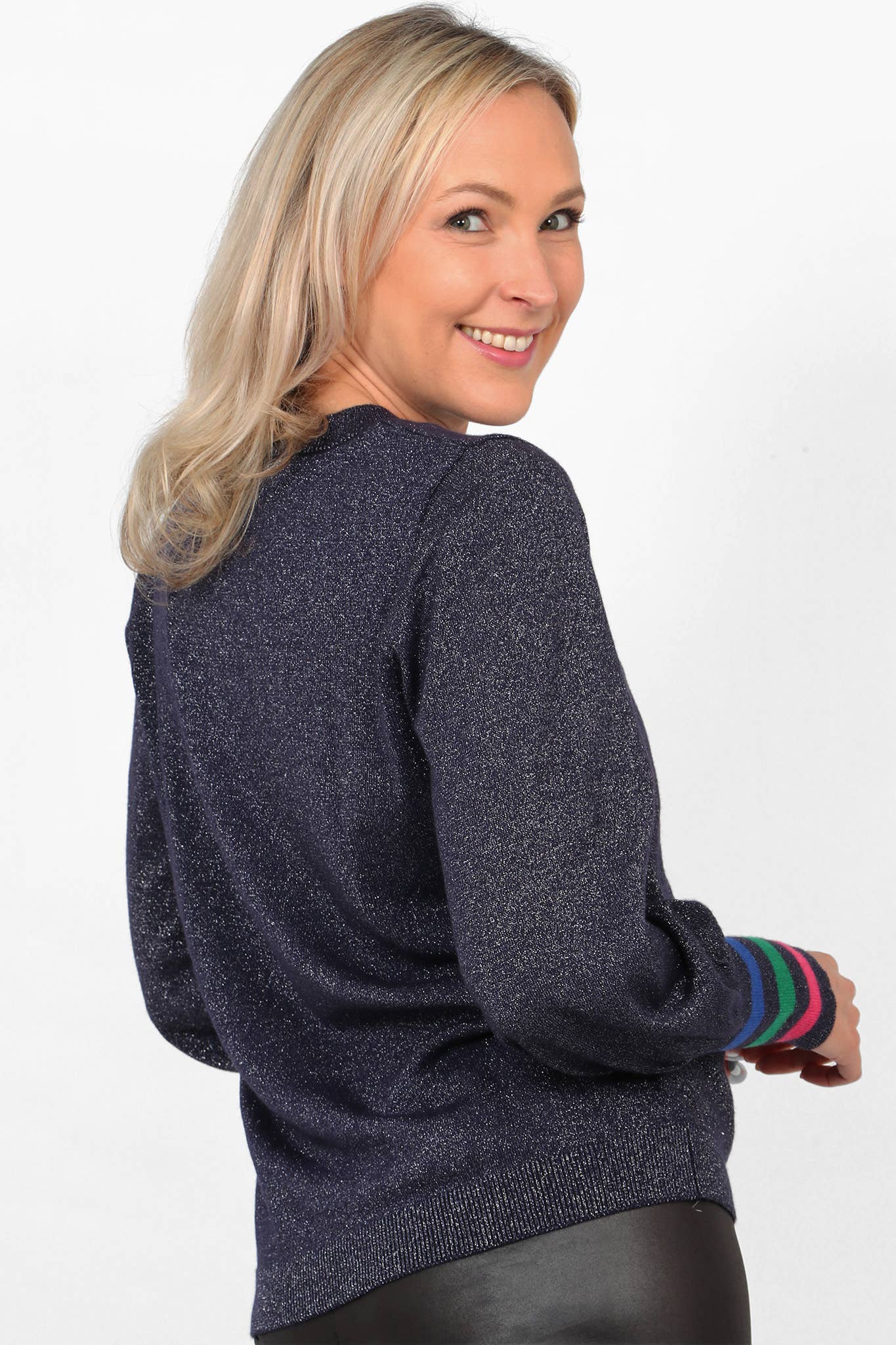 Navy Blue Multi Balloon Sleeve Jumper with Striped Cuff: Large (16-18)