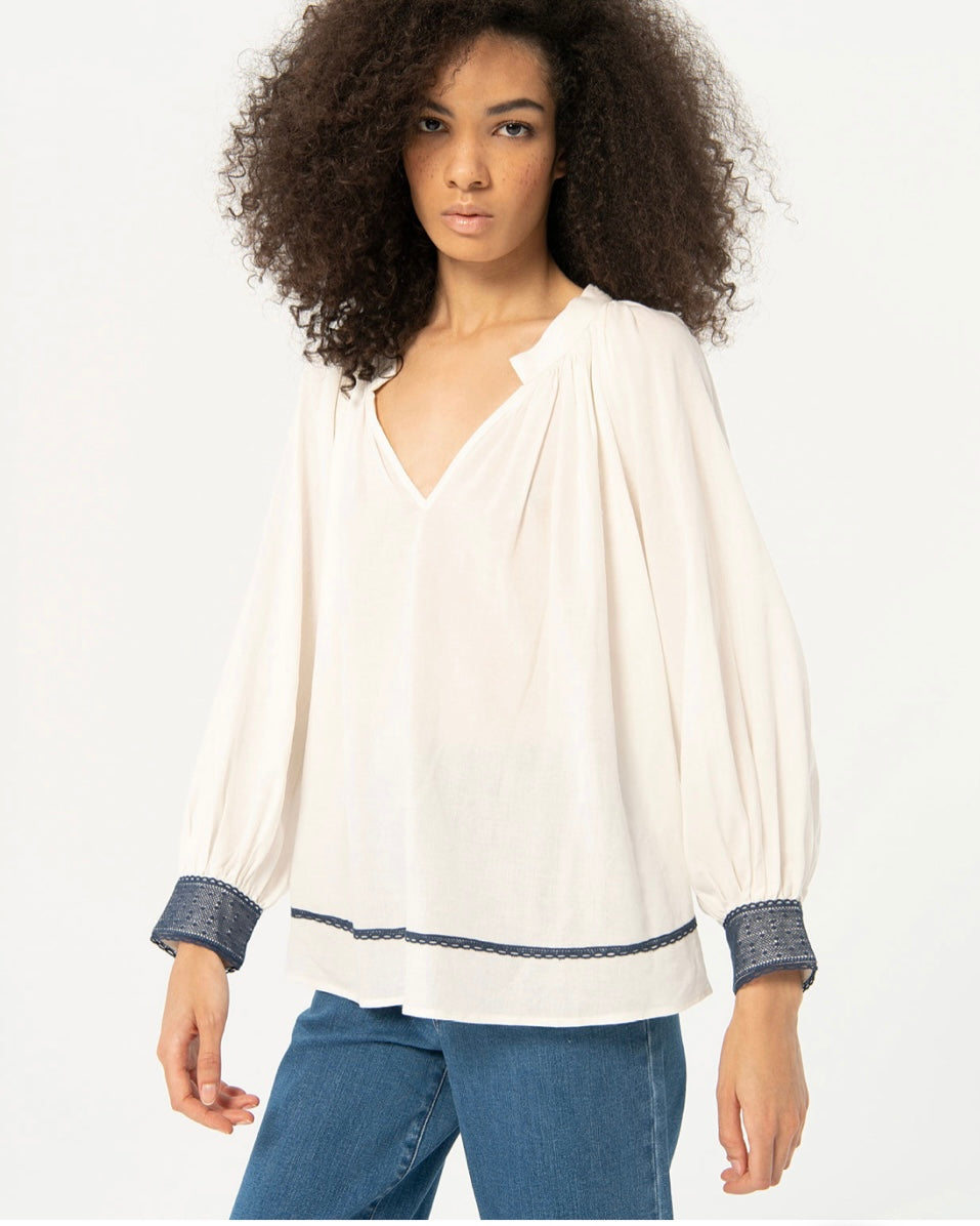 Surkana White blouse with Blue Crochet Accents