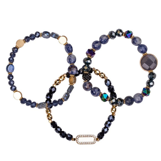 Semi Precious Gold & Blue Elasticated Multi Strand Bracelet