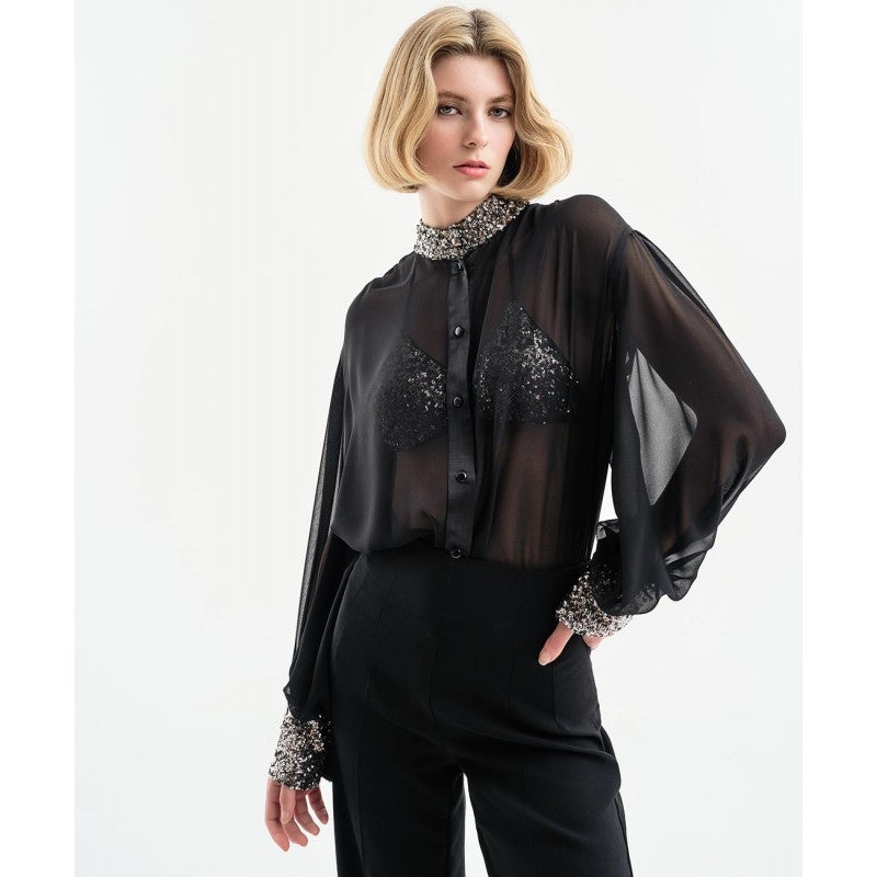 Access Fashion Sheer Blouse with Sequin Collar & Cuff