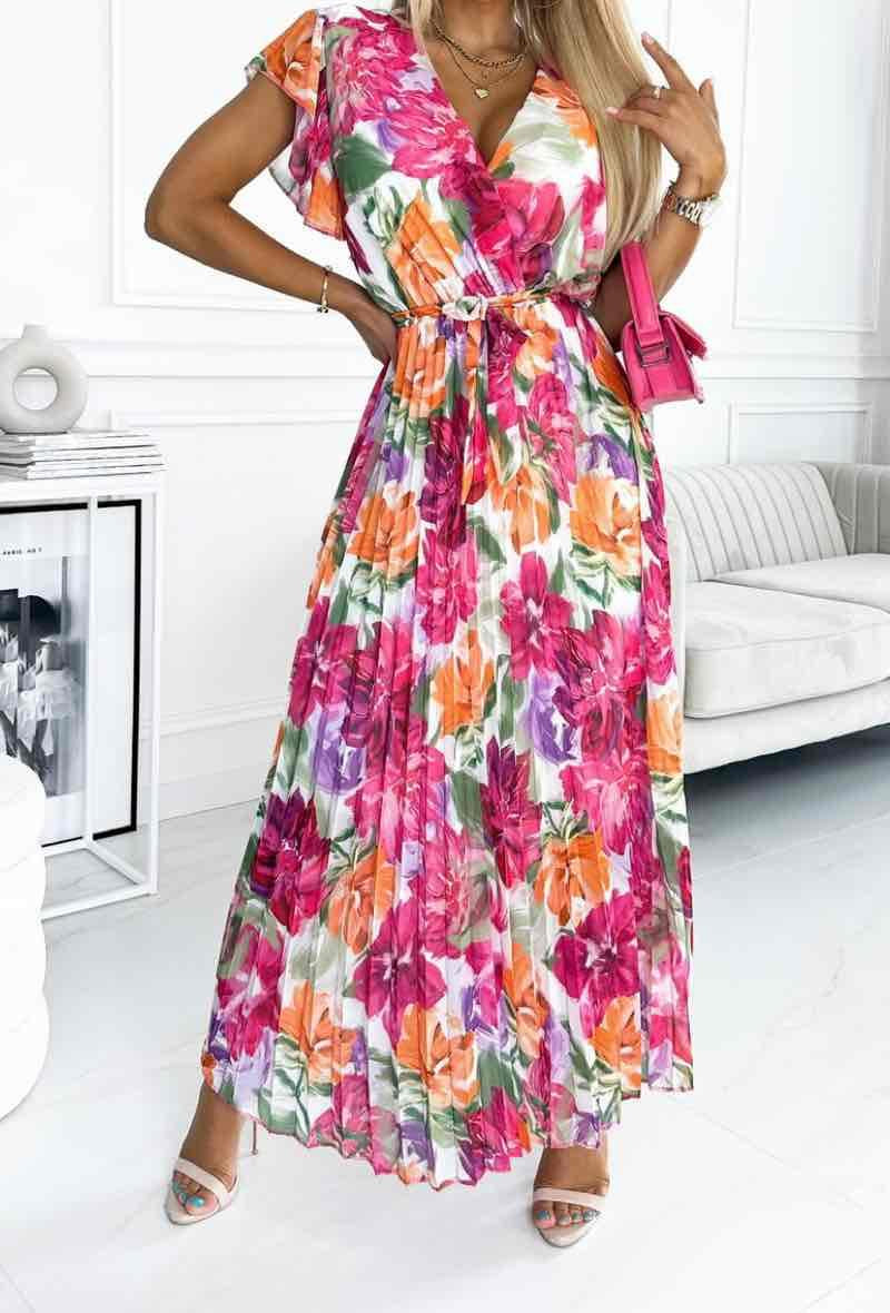 Fuchsia Multi Colour Floral Print Elasticated Waist Midi Dress