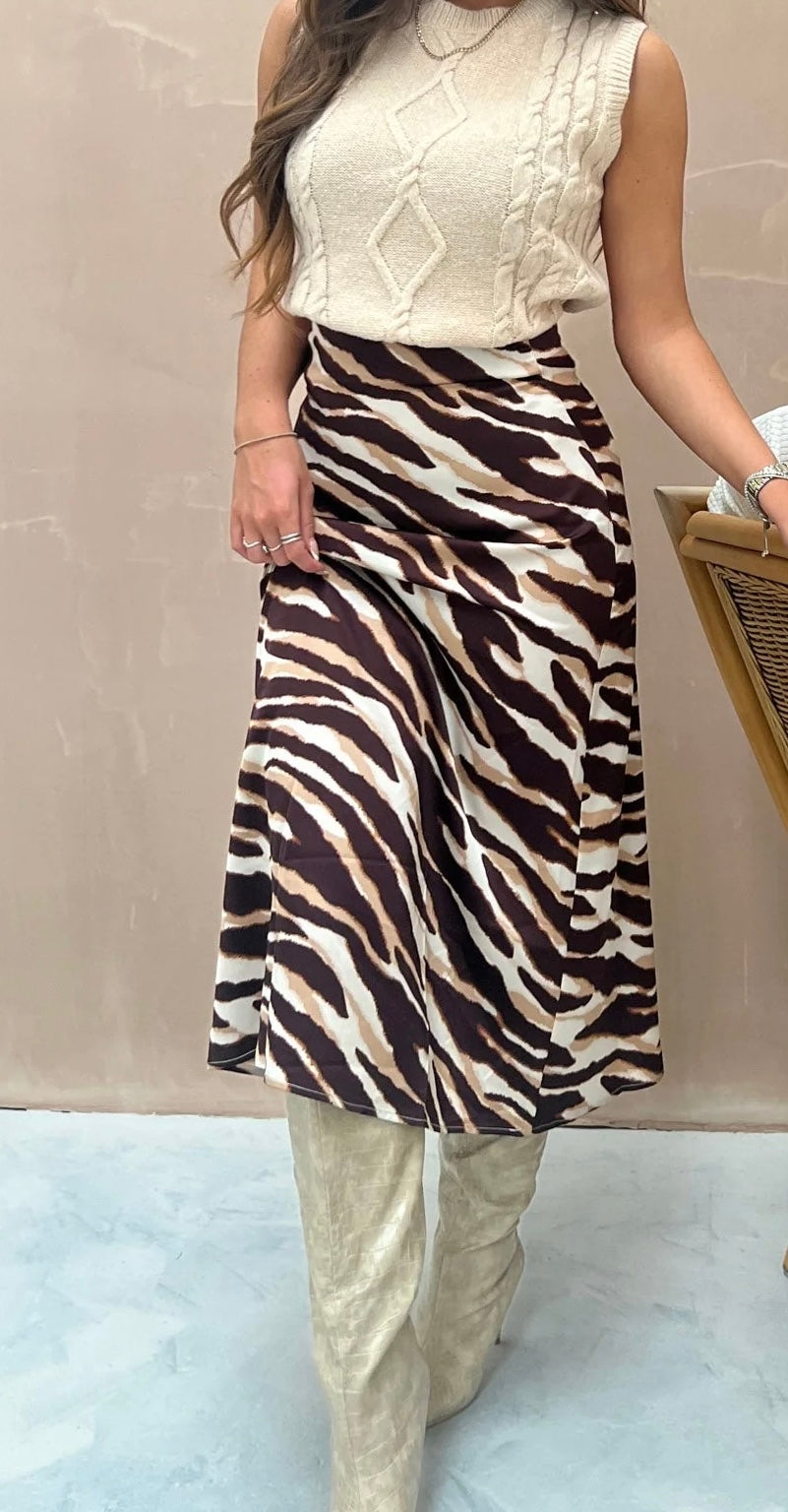 Brown Zebra Print Midi Skirt