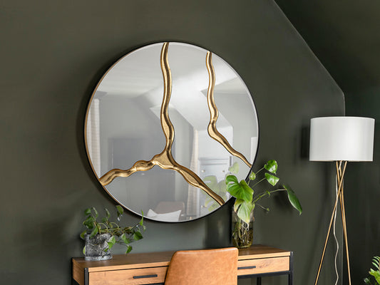 Signature Collection - Surcos Gold Leaf Large Round Statement Mirror - 100cm